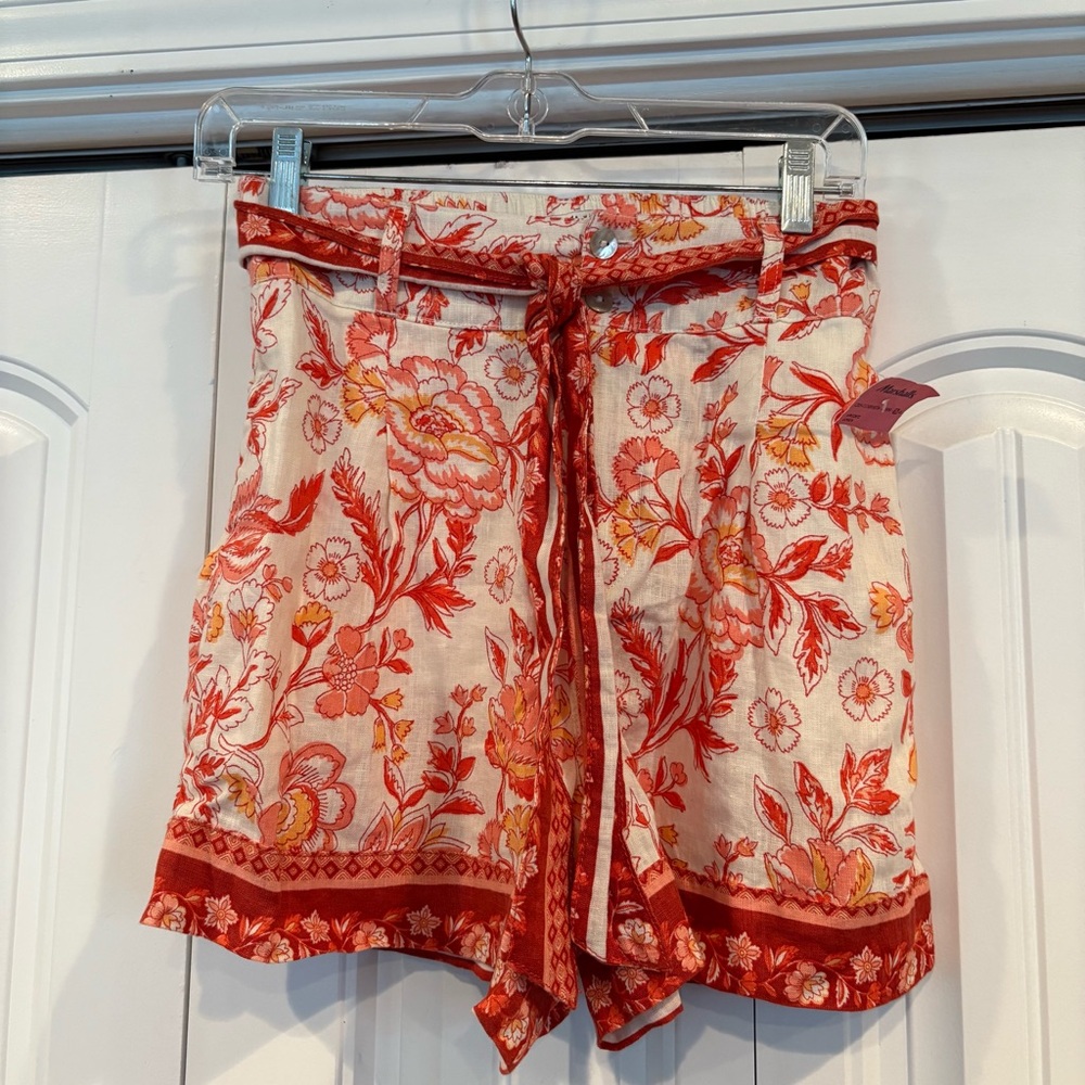 Rachel Zoe Orange And White Floral Linen Shorts Size Small